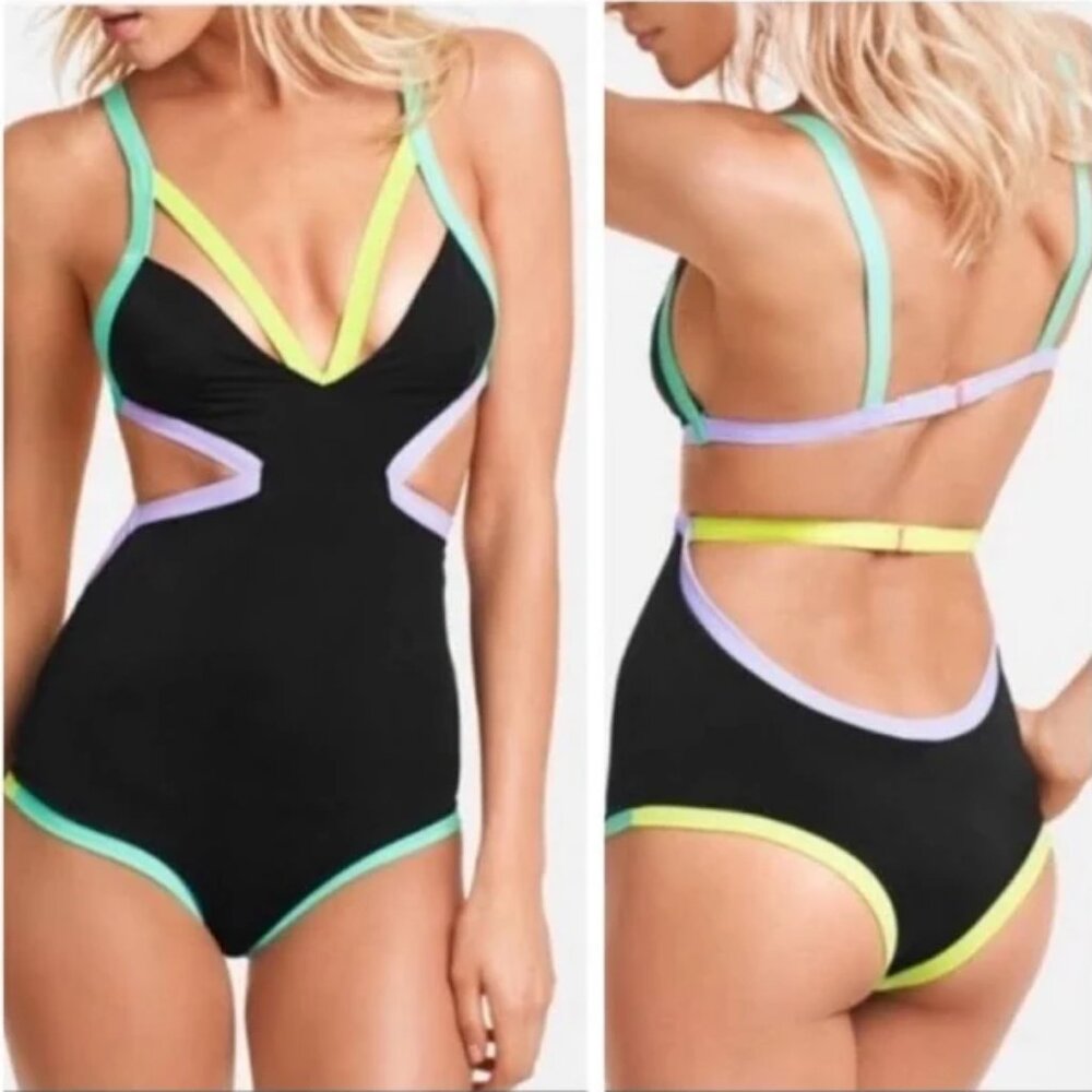 Colorblock Cutout One-Piece Swimsuit - Black with Mint & Lemon Trim